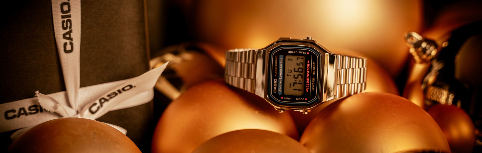 Casio Vintage Collection watch A168WA-1 on a pile of christmas presents