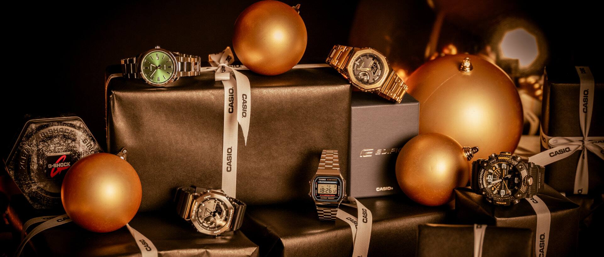 G-SHOCK, CASIO Vintage Collection and Casio Timeless collection watches on gifts near some christmas baubles