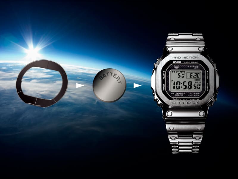 Illustration of a silver watch equipped with a solar module. This module charges the integrated battery, which can then supply the watch with energy.