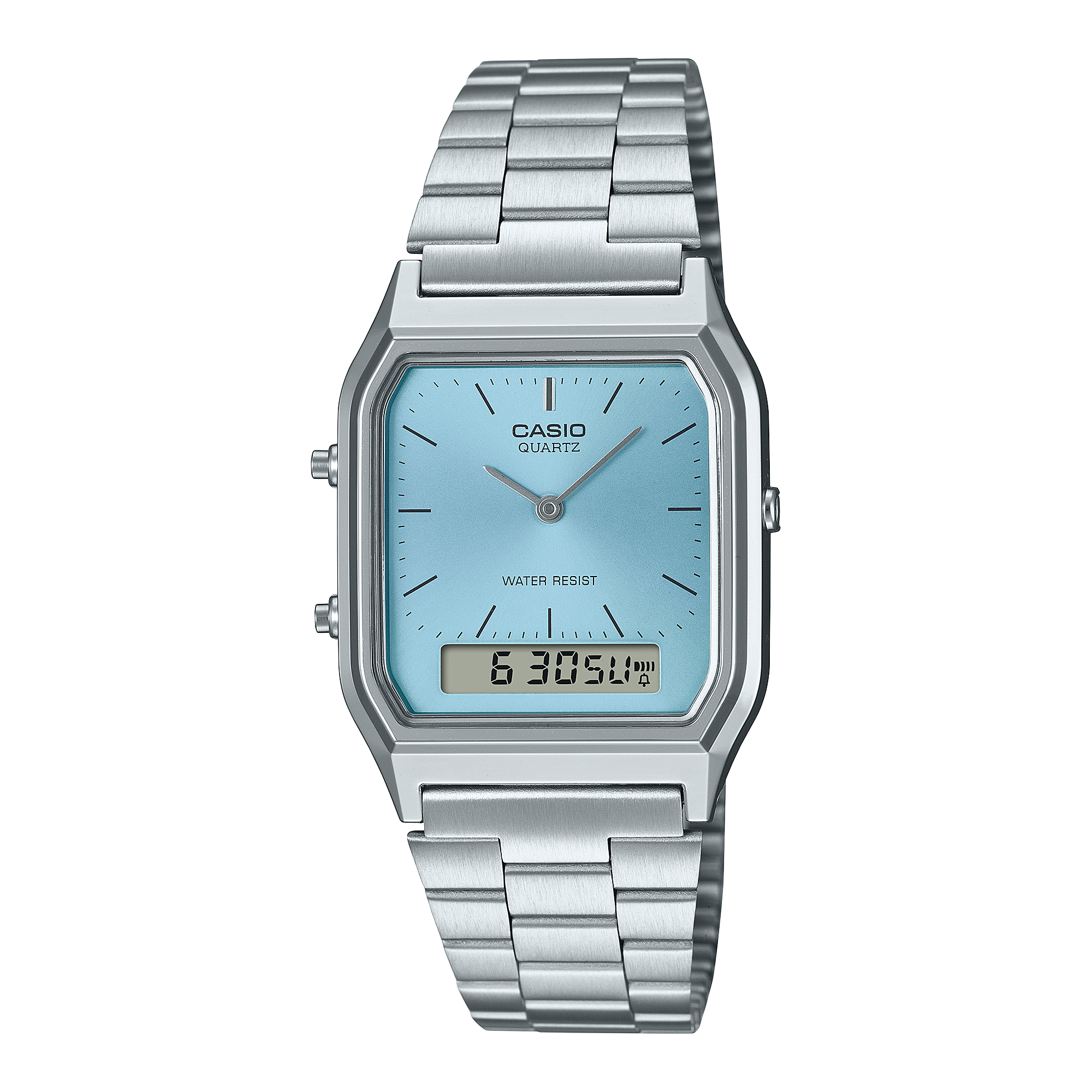 The Casio Vintage Collection wristwatch AQ-230A-2A1MQY with silver stainless steel bracelet and light blue dial