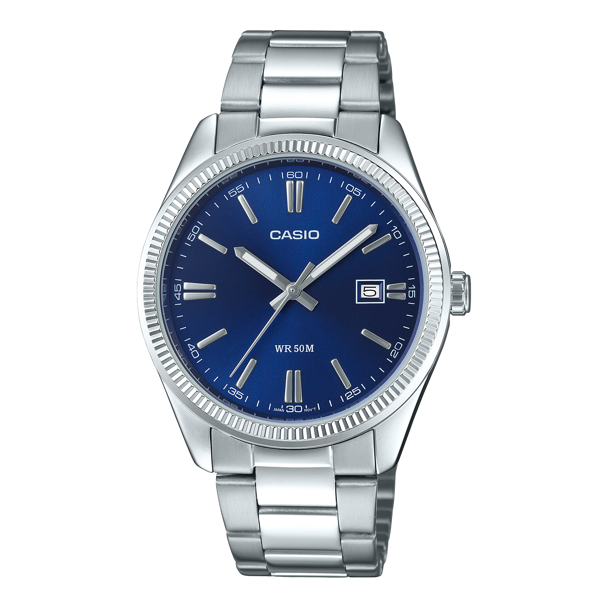 The silver MTP-1302PD-2AV analogue watch with royal blue dial