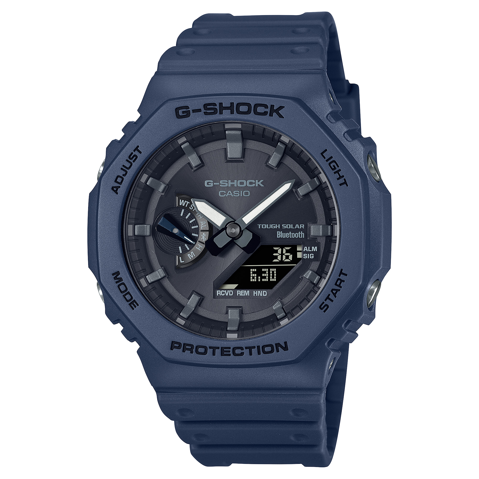 The analogue-digital Casio G-Shock wristwatch GA-B2100-2A with dark blue resin strap and black hybrid dial