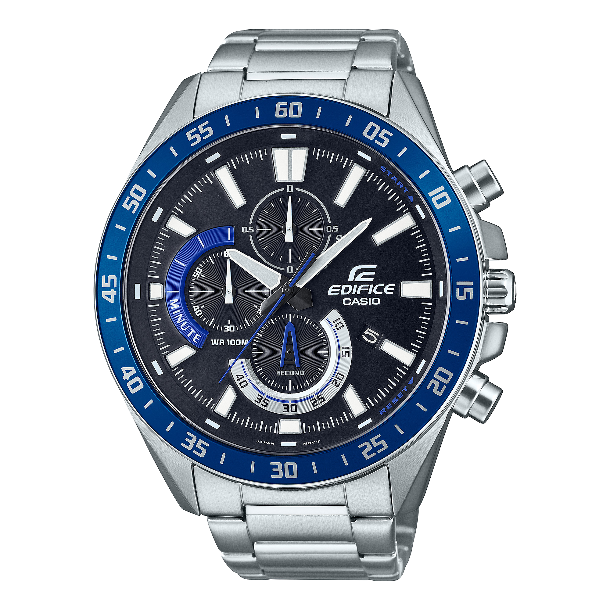 The silver stainless steel EFV-620D-1A2 chronograph from Casio Edifice with a black dial and blue accents