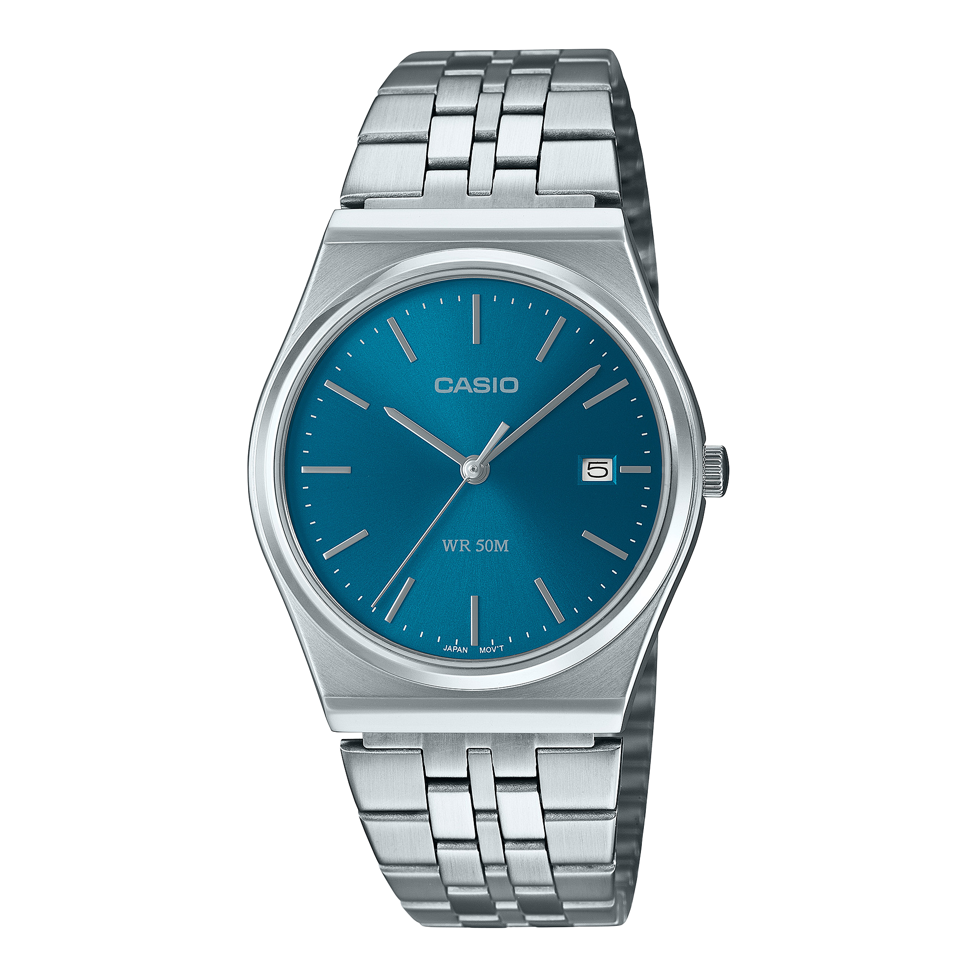 The analogue wristwatch MTP-B145D-2A2V from the Casio Timeless Collection with a silver stainless steel bracelet and blue dial