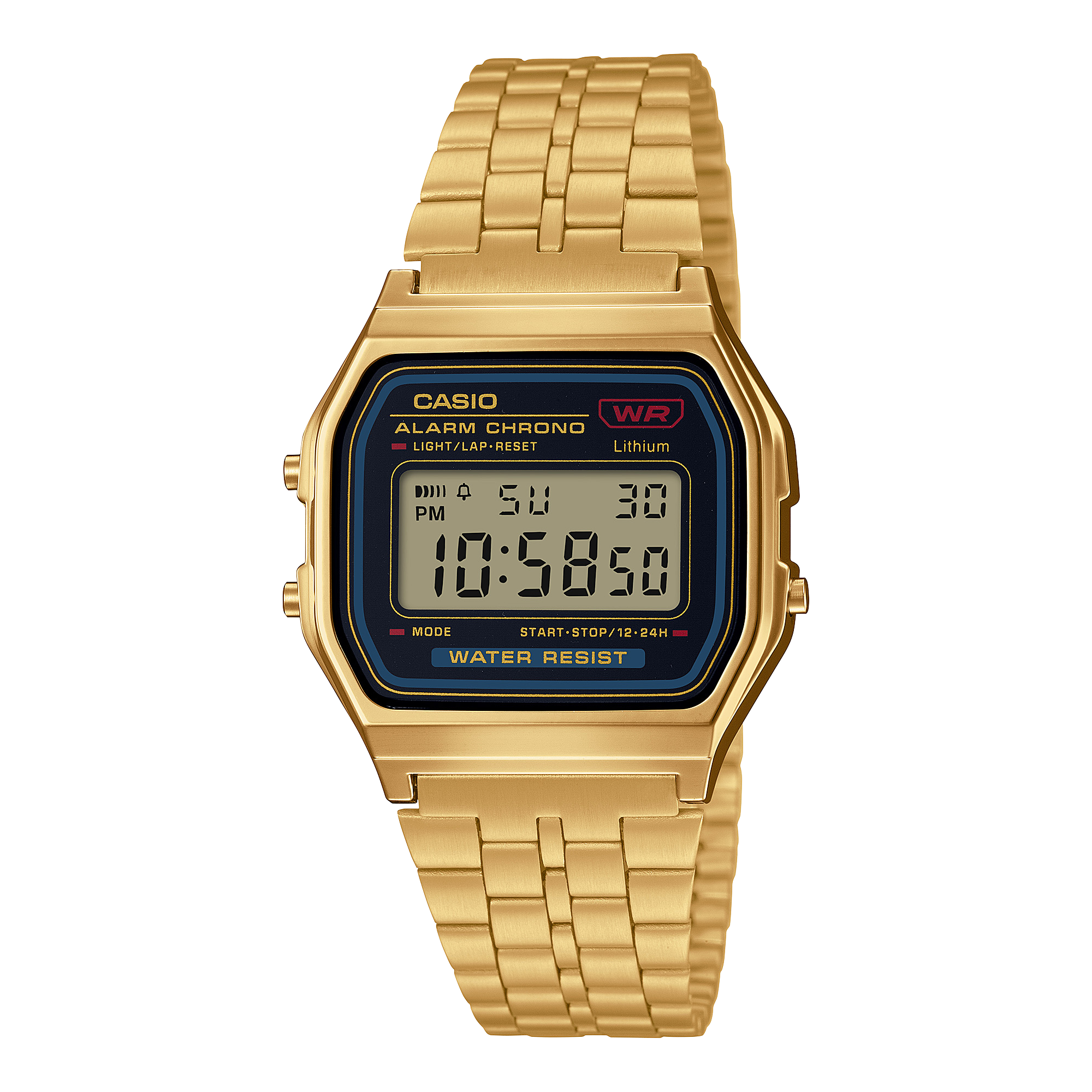 The A159WGEA-1 digital wristwatch from the CASIO VINTAGE COLLECTION with a gold-coloured stainless steel strap.