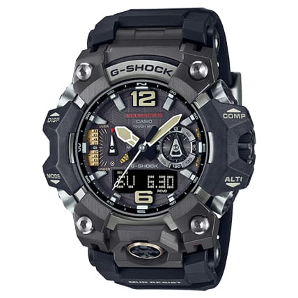 The MASTER OF G MUDMASTER GWG-B1000-1A wristwatch from CASIO G-SHOCK. With a digital-analogue dial and olive-green resin strap.