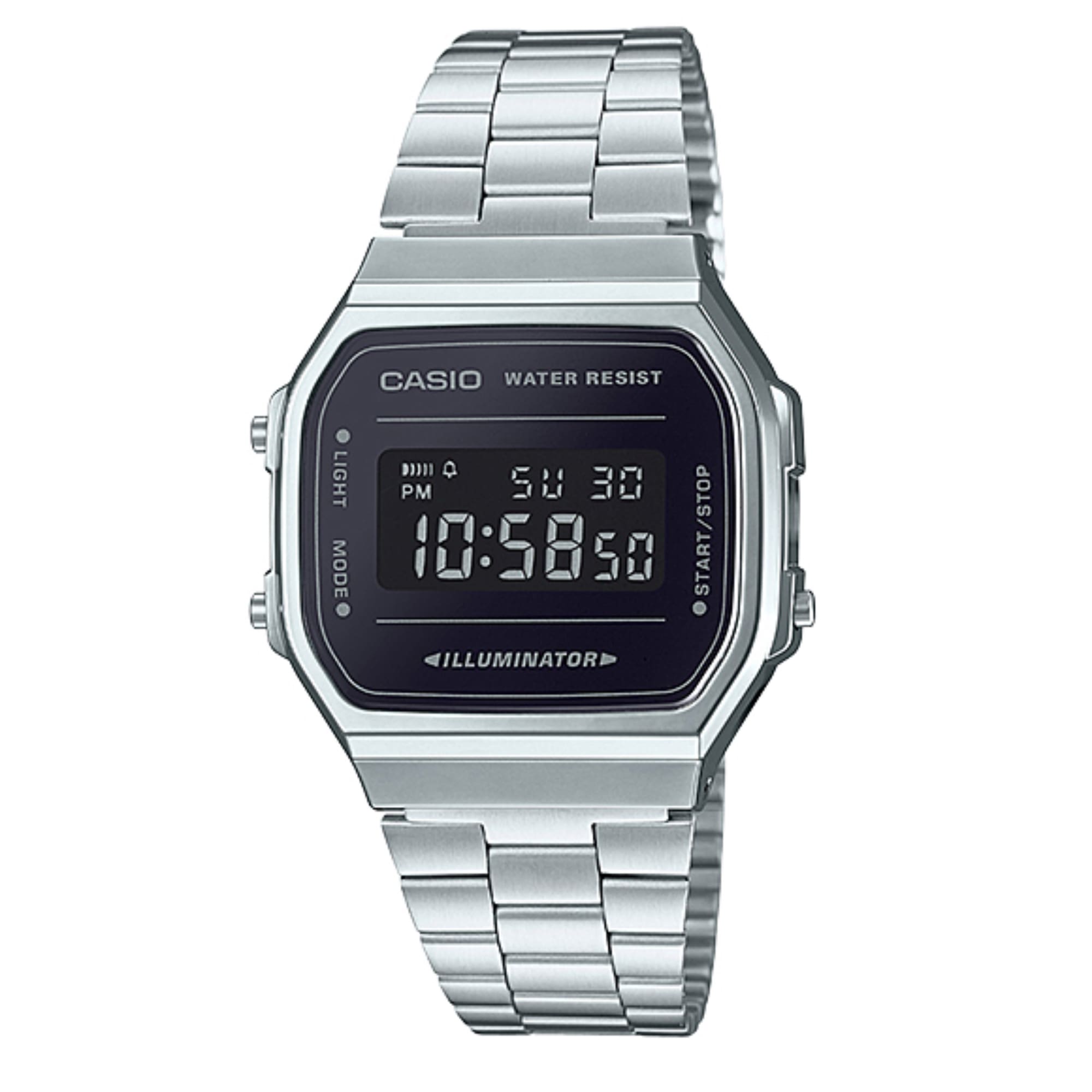 The silver A168WEM-1 from CASIO Vintage with digital dial in black