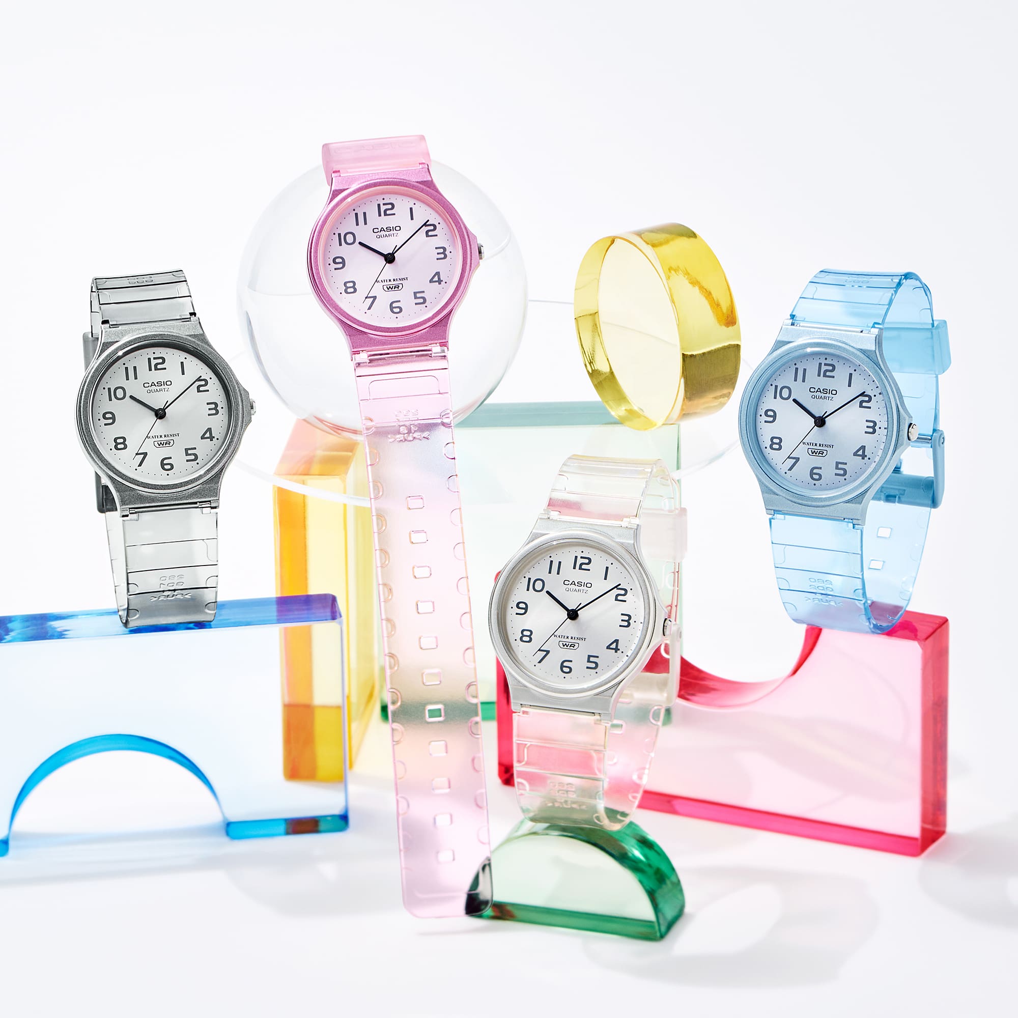 The various MQ-24S colour models draped on transparent, colourful bricks. The picture links to the pink MQ-24S-4B wristwatch.