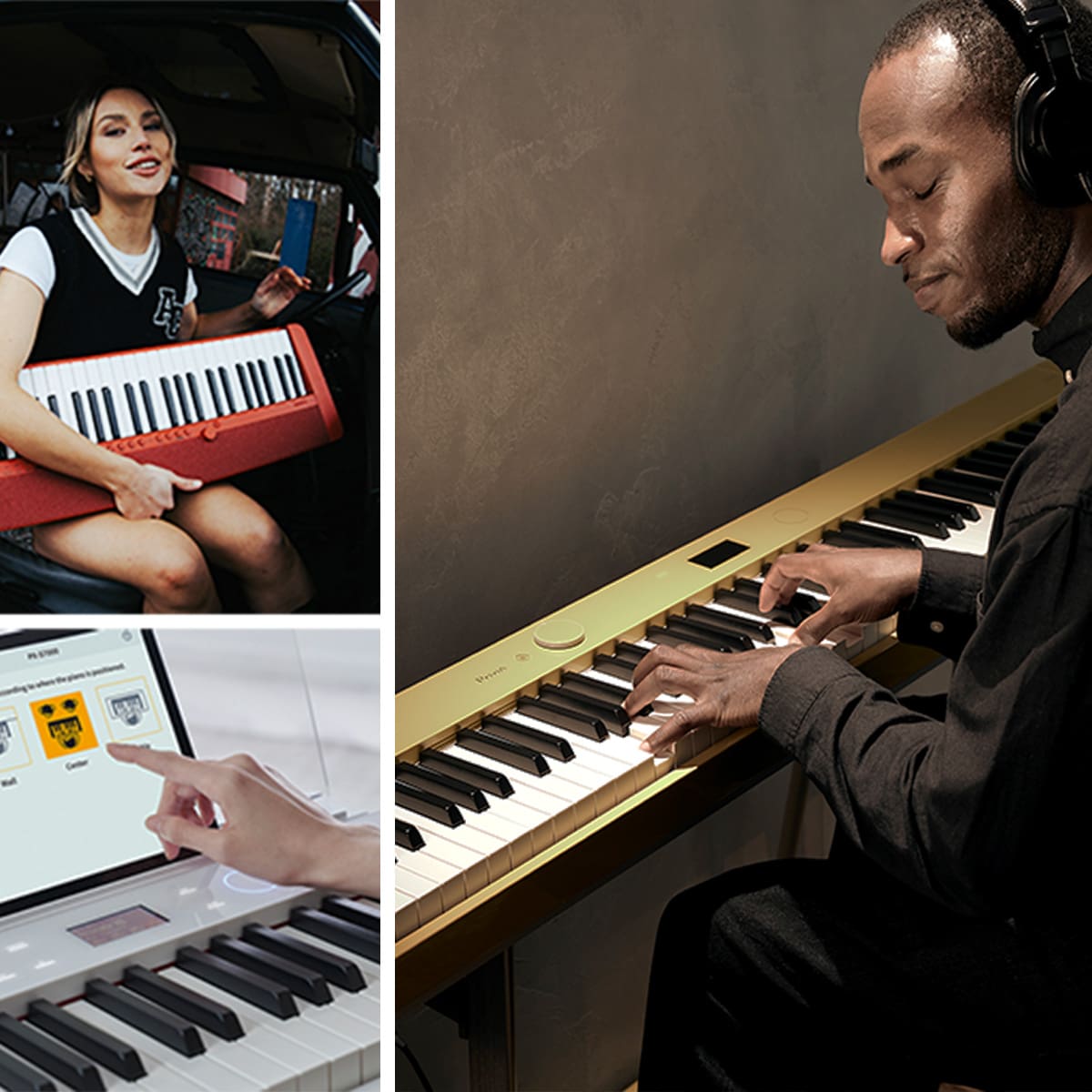 Collage de trois images : différentes personnes jouent sur des claviers CASIO, lien vers l'inscription à la newsletter des instruments de musique CASIO