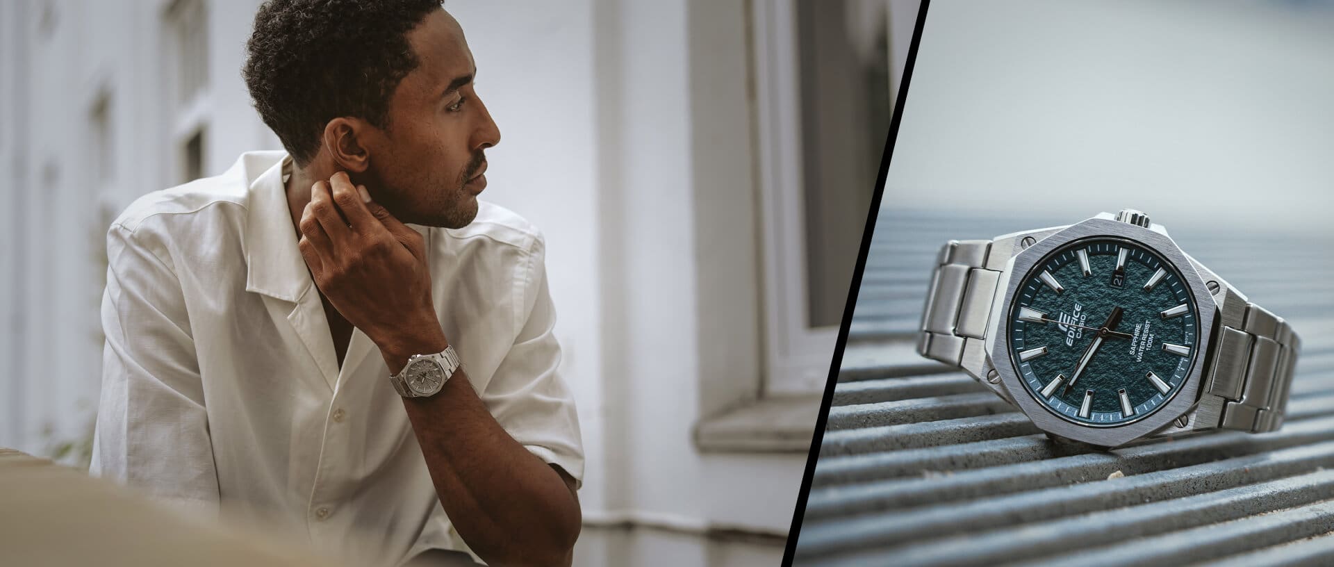 Un homme porte la montre analogique EFR-S108D au poignet et regarde sur le côté.