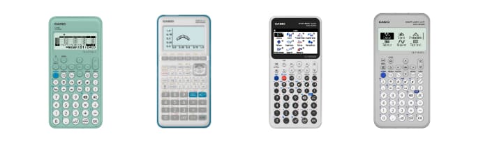 Quatre calculatrices scientifiques de Casio dans différentes couleurs. L'image renvoie à la page d'aperçu : Calculatrices scientifiques