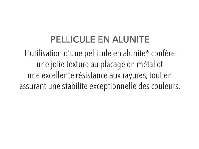 PELLICULE EN ALUNITE L'utilisation d'une pellicule en alunite confère un jolie texture au placage en métal et une excellente résistance aux rayures, tout en assurant une stabilité exceptionelle des couleurs.