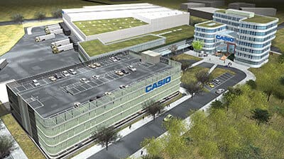 Vue aérienne de l'immeuble de bureaux, de l'entrepôt et du parking de CASIO à Norderstedt
