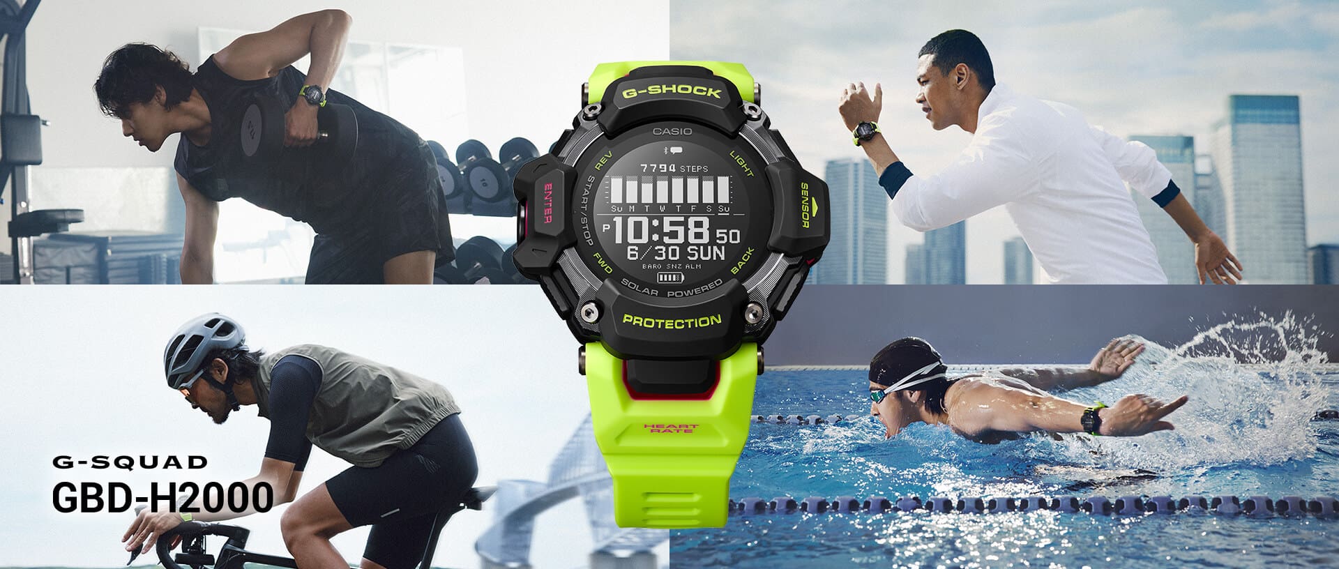 La G-Shock GBD-H2000-1A9 jaune devant quatre photos lifestyle montrant des gens en train de faire du sport