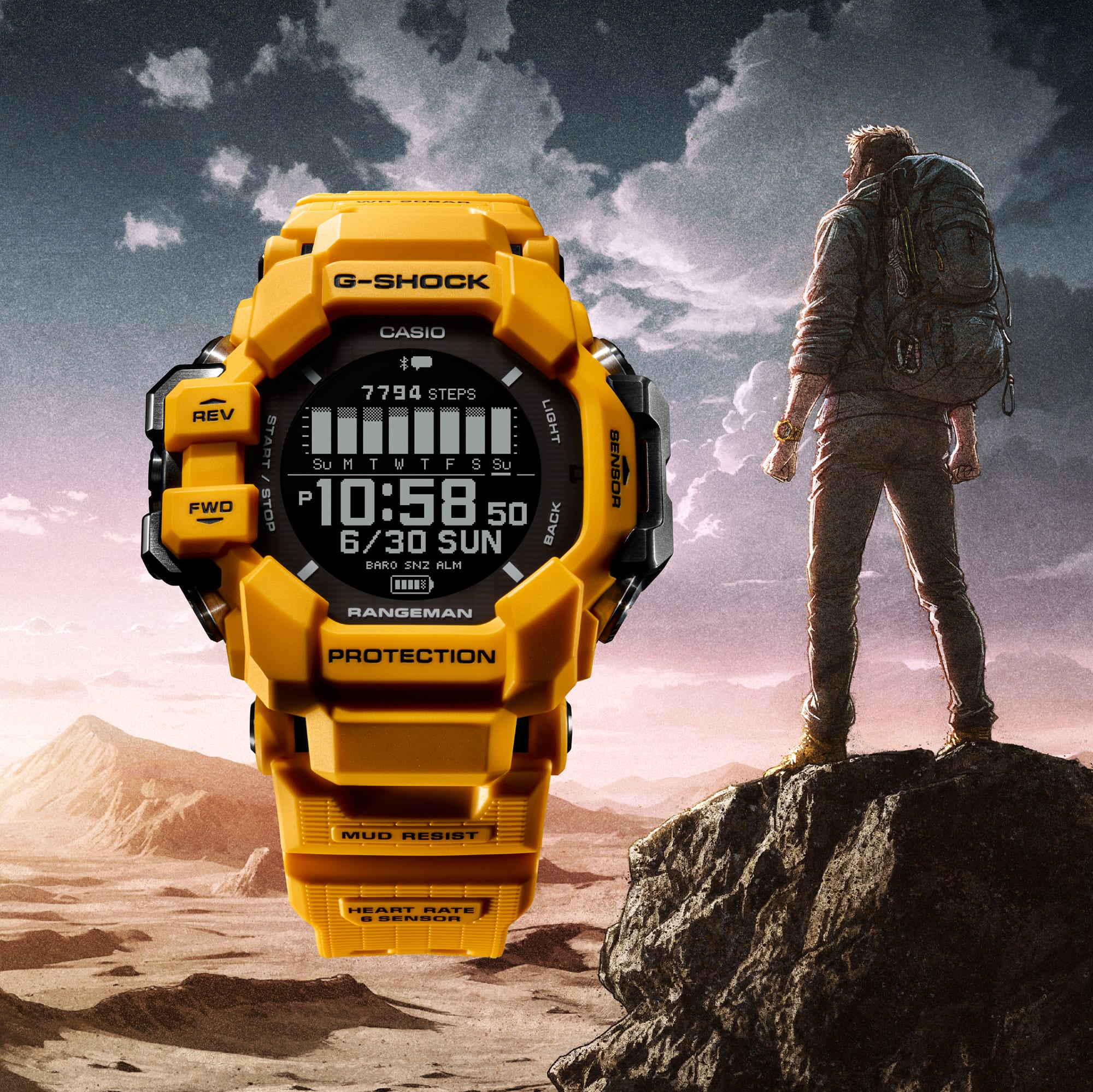 La G-Shock GPR-H1000-9 jaune devant un paysage aride