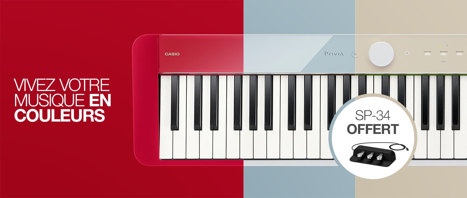 Un collage composé de trois variantes de couleurs différentes du modèle Privia PC-S1100, surmonté de l'inscription « Vivez votre musique en couleurs ».