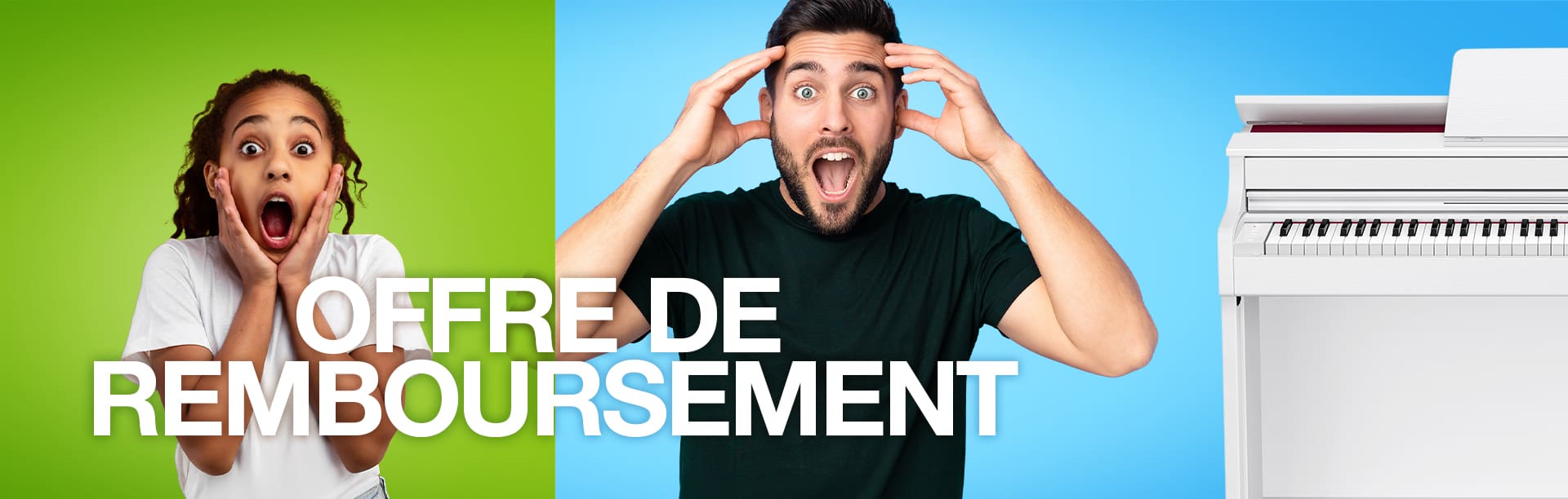 Deux personnes surprises se tiennent devant un fond vert et bleu à côté d’un piano CASIO blanc, tandis que le grand texte « CASHBACK » au premier plan annonce une offre de cashback. L’image renvoie vers la page de l’offre.