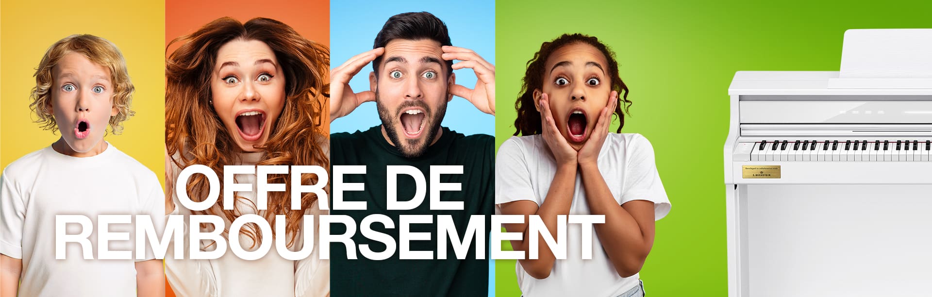 Quatre personnes surprises derrière un piano CASIO blanc avec l’inscription « CASHBACK » ; l’image mène à la page de l’offre Cashback.