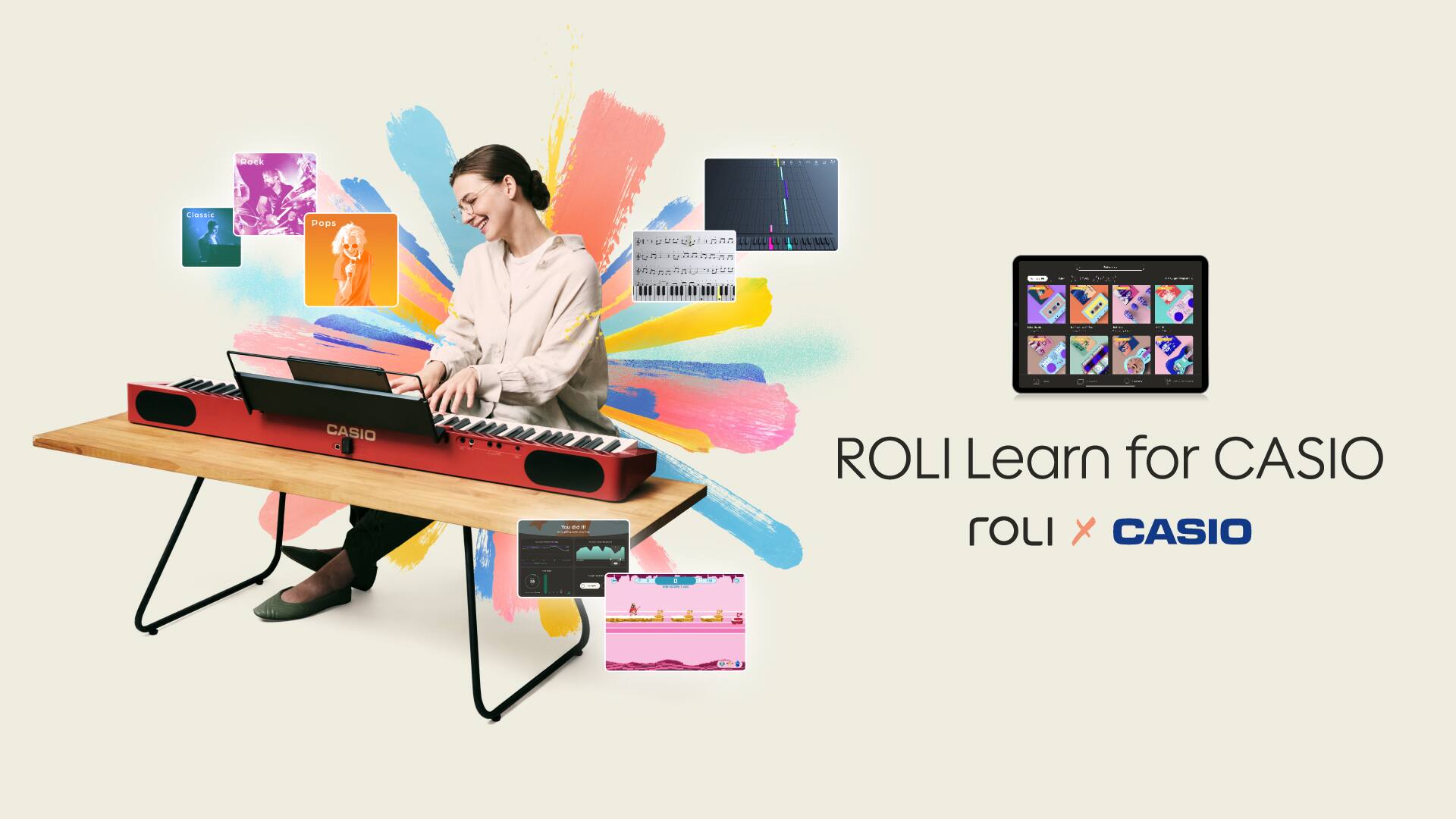 Une femme est assise devant un clavier, à côté d'elle apparaît le texte « ROLI Learn for CASIO », renvoyant vers le site web de ROLI pour démarrer l'essai gratuit de 30 jours de l'application.