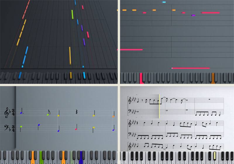 Captures d'écran de l'application montrant l'affichage des partitions et du rouleau de piano