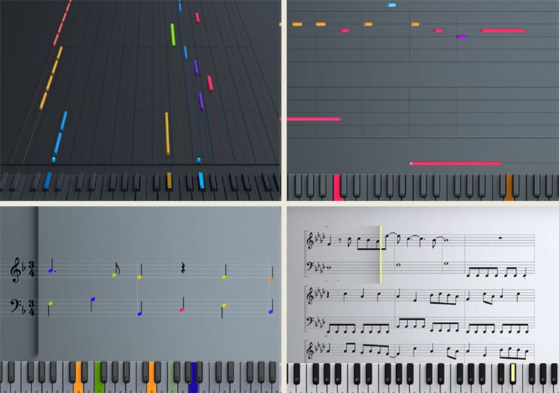 Captures d'écran de l'application montrant l'affichage des partitions et du rouleau de piano