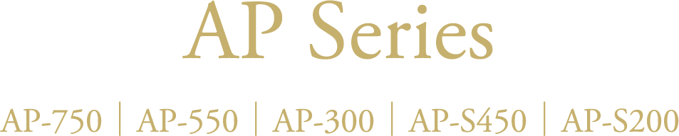 Inscription dorée sur fond noir : AP Series AP-750 / AP-550 / Ap-300 / AP-S450 / AP-S200