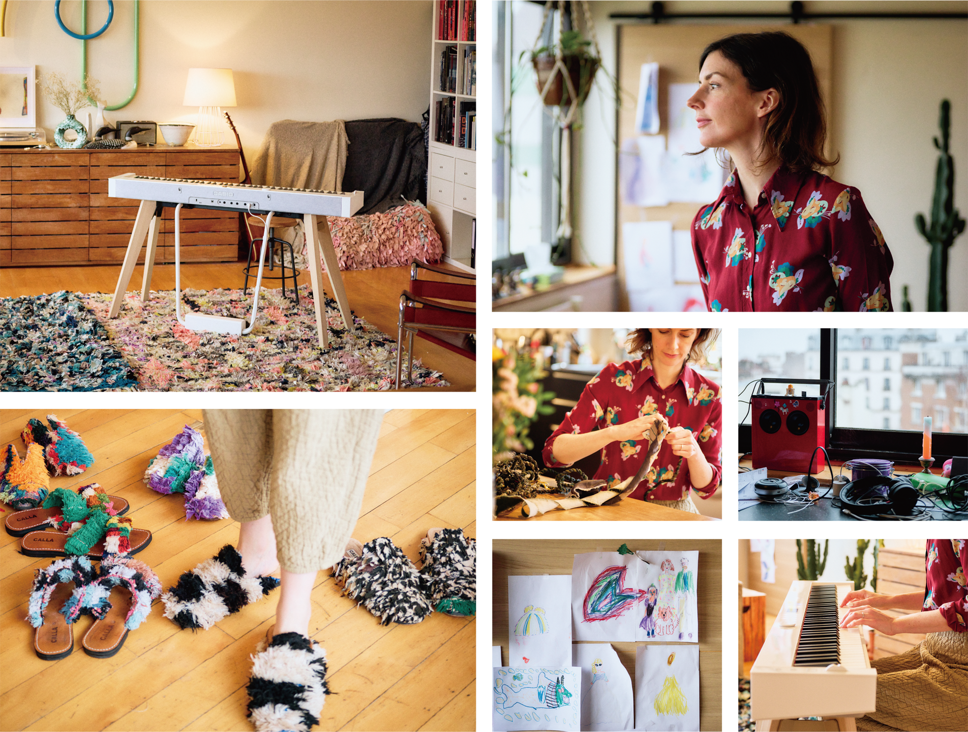 Galerie de photos lifestyle de Calla Haynes, fondatrice de Babouche, et de sa vie à Paris avec le piano numérique Privia blanc