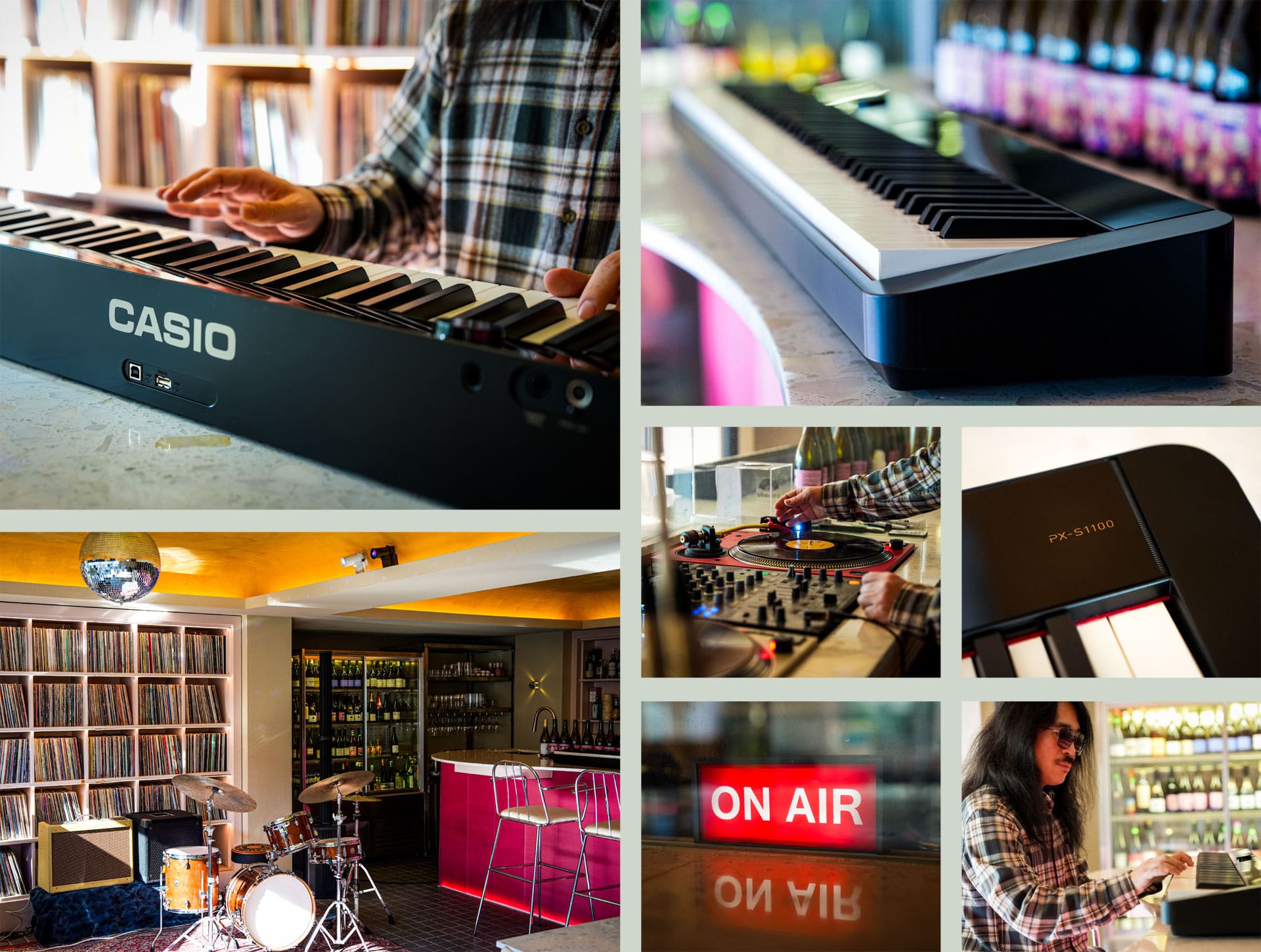 Galerie de photos lifestyle de DJ WUDA et de sa vie avec le piano numérique Privia noir dans son bar à disques à Séoul
