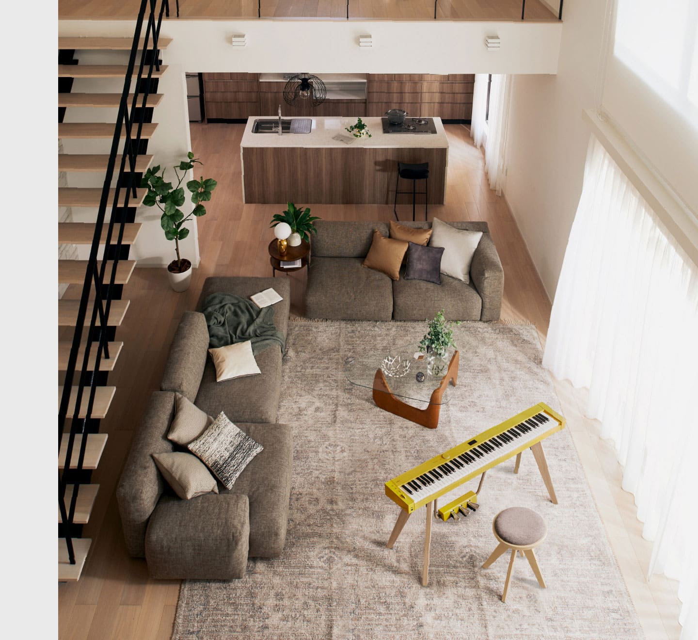 Vue d'en haut d'un salon lumineux et du piano numérique Privia PX-S7000HM avec tabouret assorti