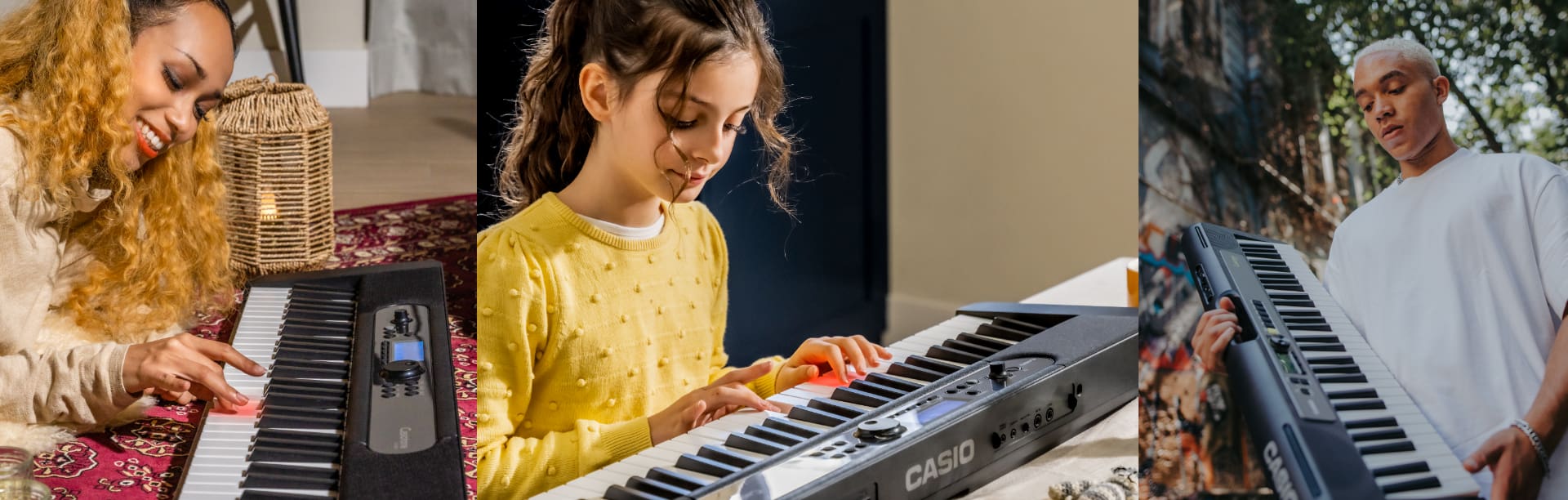 Collage de trois personnes d'âges différents qui apprennent à jouer à l'aide des claviers à touches lumineuses de CASIO