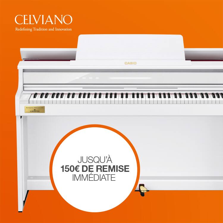  Le Celviano AP-300 avec une petite illustration du banc de piano assorti et l'inscription « Jusqu´a 150€ de remise immediate » .