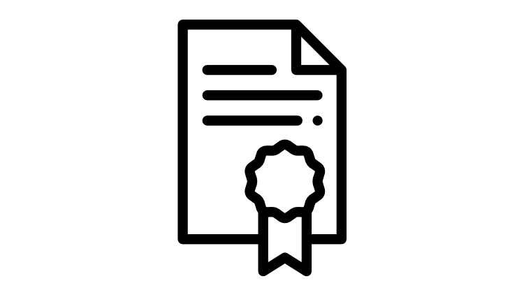 Une icône de certificat sur fond blanc avec un lien vers la page de garantie.