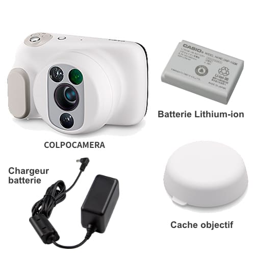 Les accessoires de la COLPOCAMERA de CASIO: batterie lithium-ion, chargeur batterie et une cache objectif