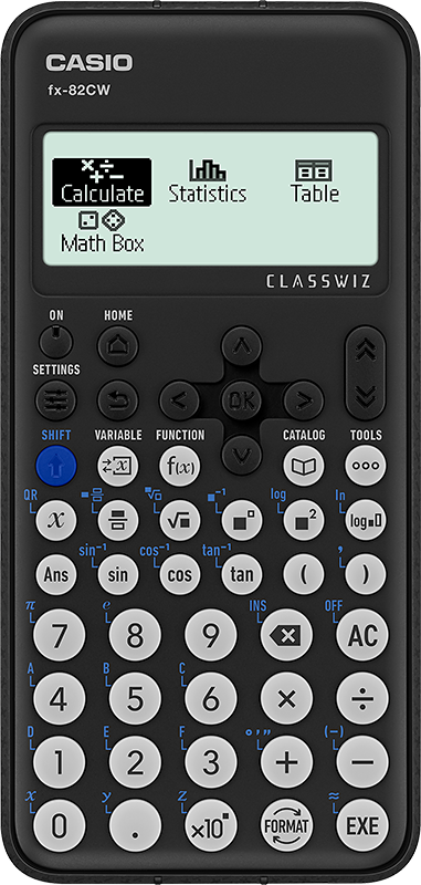 Photo du produit : la calculatrice scientifique fx-82 de CASIO en noir, avec un petit écran numérique et de nombreuses touches de fonction.