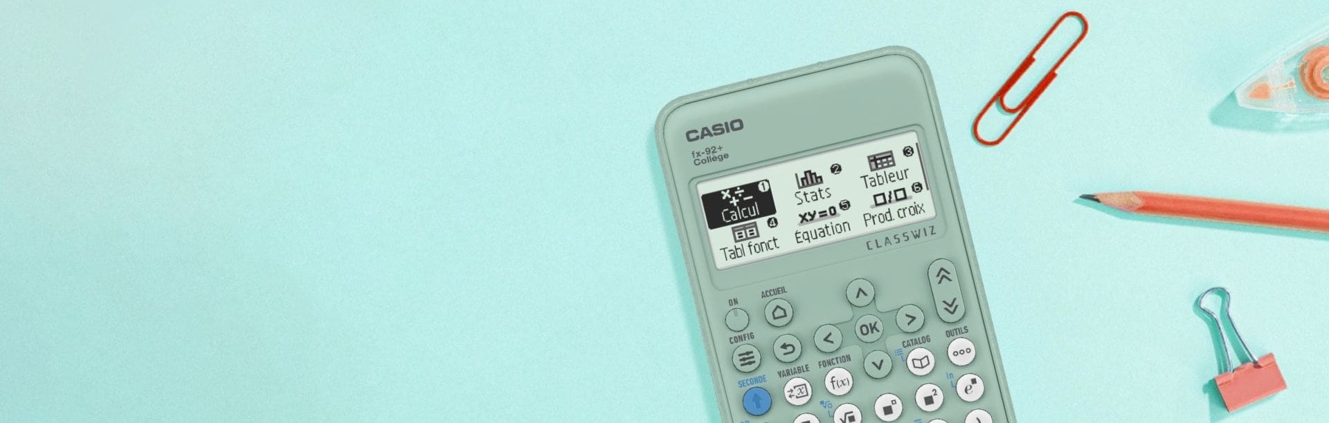 Nouvelle calculatrice "FX-92 Collège" en jaune sur un fonde jaune