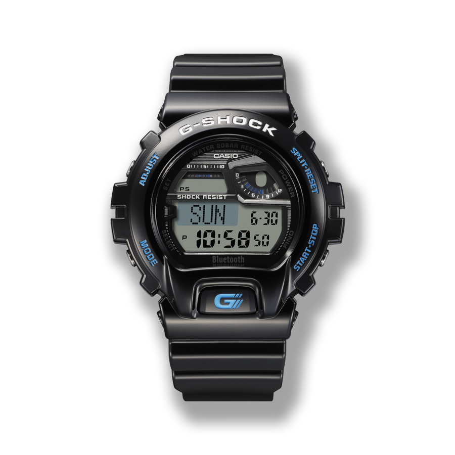 La montre numérique G-SHOCK GB-6900 noire avec boîtier rond, bracelet en résine noire et détails bleus.