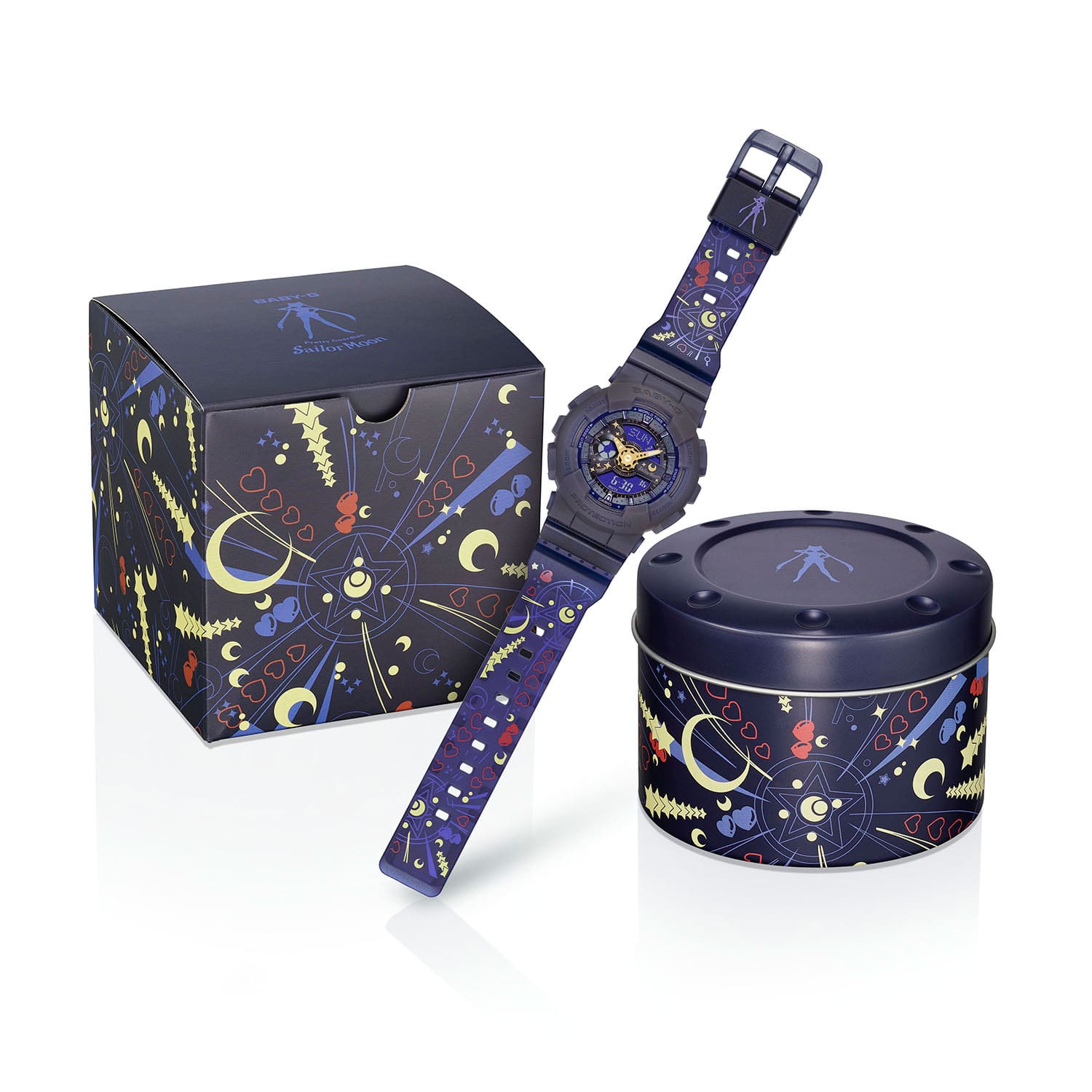 Quelques cœurs et croissants de lune illustrés sur l'emballage métallique rond et l'emballage en papier de la Baby-G BA-110XSM-2A
