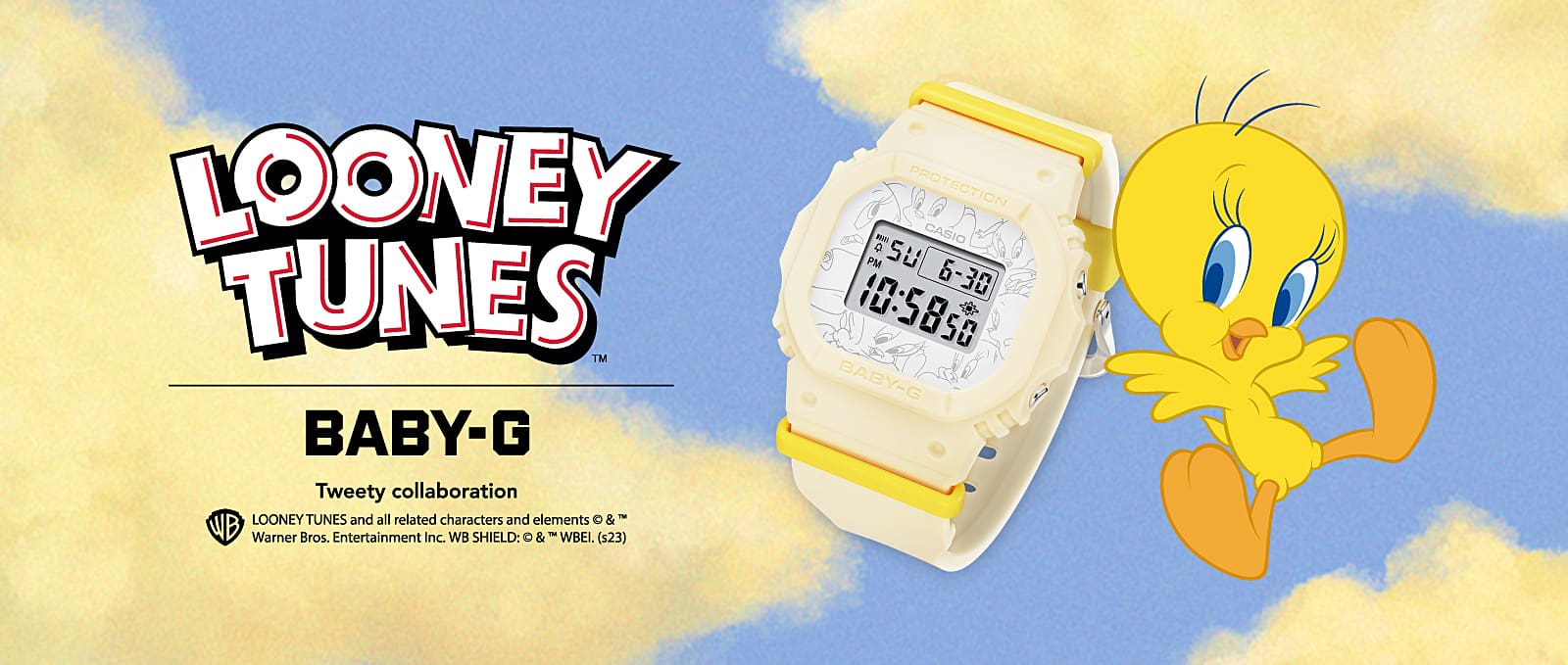 Illustration Tweety Looney Tunes à côté de la montre numérique Baby-G jaune clair issue de la collaboration