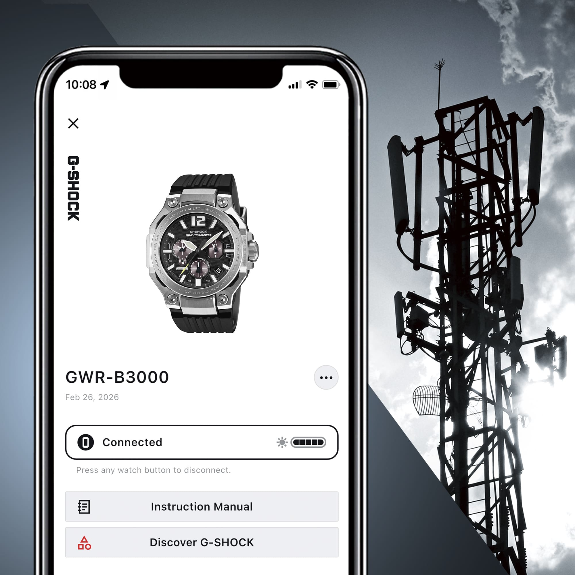 L'écran d'un smartphone affichant l'heure ; on aperçoit une antenne-relais de téléphonie mobile à l'arrière-plan