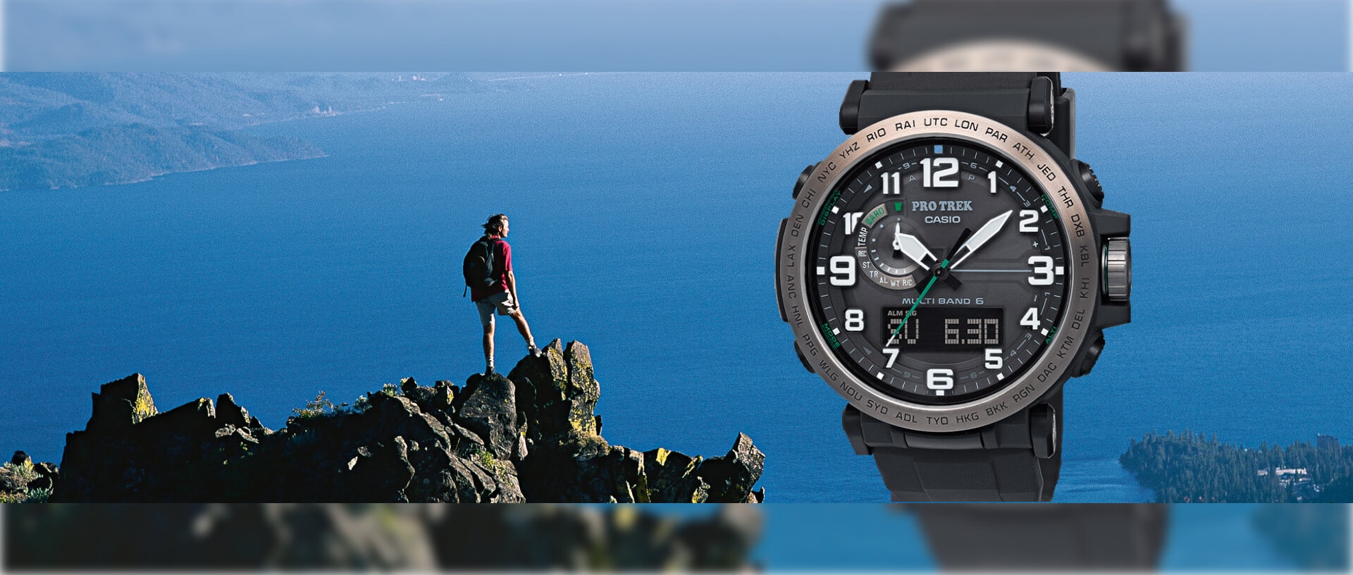 La Pro-Trek PRW-60, à l'arrière-plan, on voit un alpiniste.