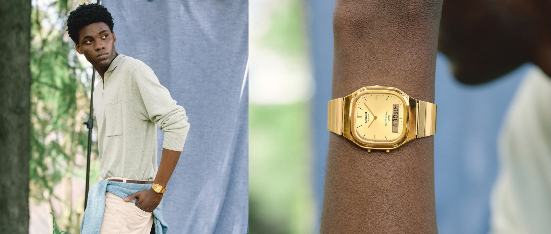 Image en deux parties présentant le montre AQ-240 de la collection CASIO Vintage : á gauche un homme avex la montre et à droite, l'AQ-240 avec un cadran numérique dorée.