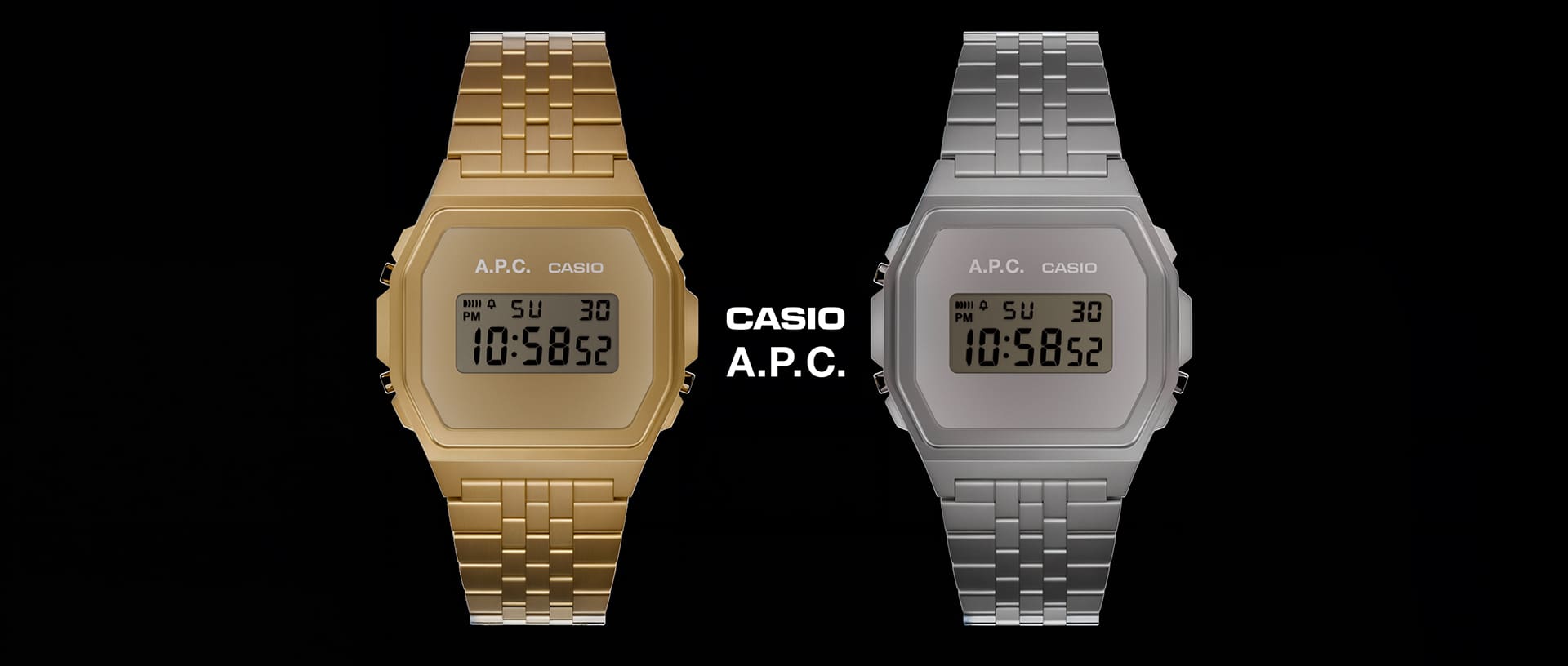 Modèles A.P.C. x CASIO VINTAGE Collection Collaborations en or mat et argent mat avec affichage numérique