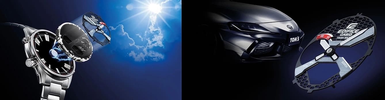 Deux images côte à côte de montres-bracelets EDIFICE qui évoquent l'énergie solaire et la précision