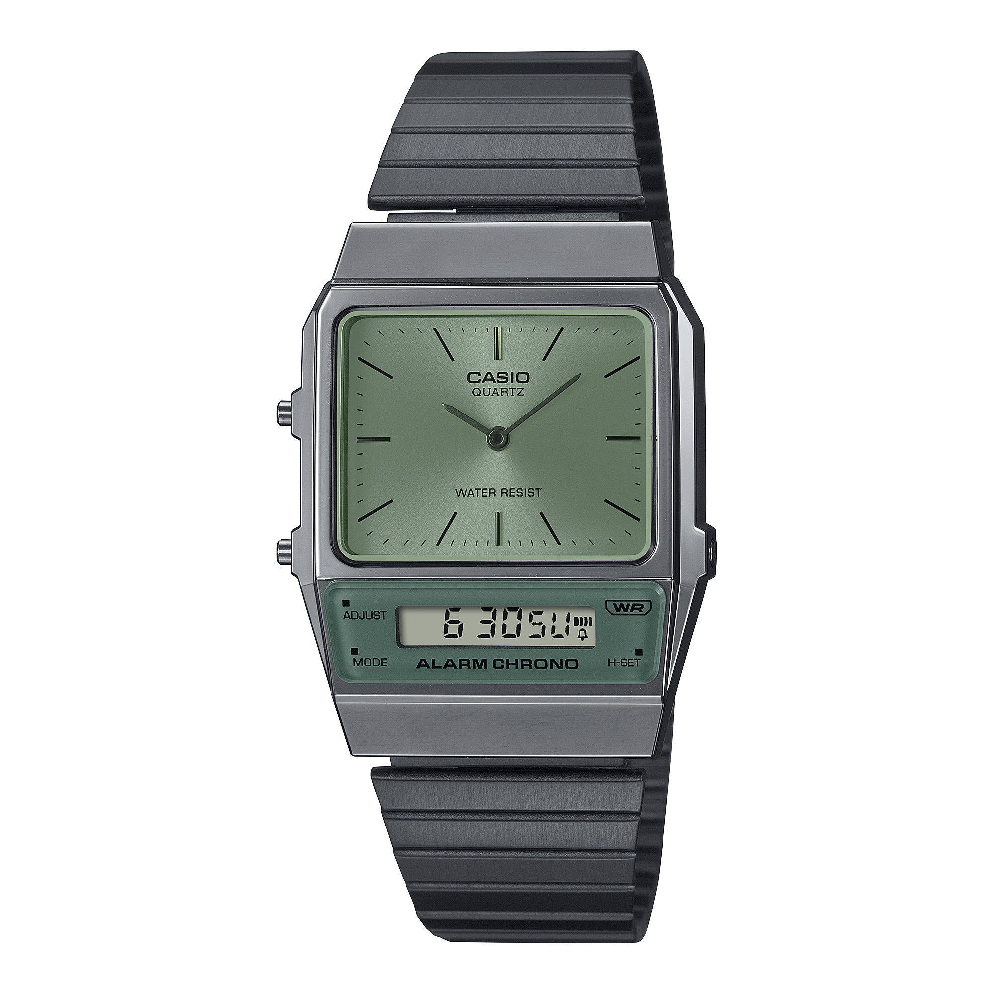 La montre numérique-analogique AQ-800ECGG-3A de la collection Casio Vintage avec cadran vert