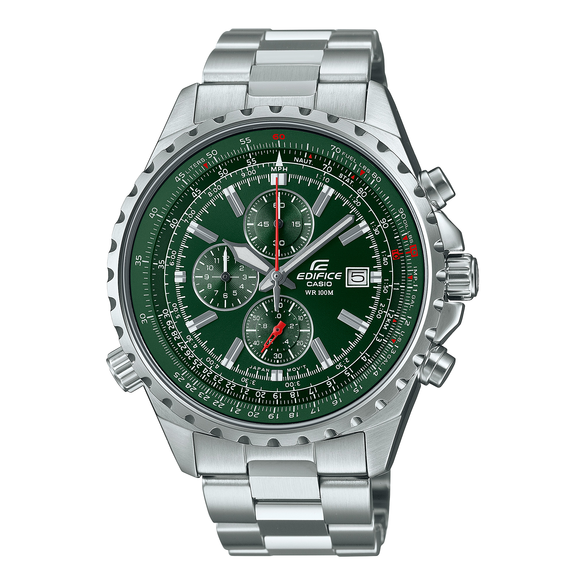 Le chronographe Edifice EF-527D-3AV avec cadran vert et bracelet en acier inoxydable argenté
