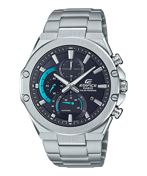 Le chronographe EFS-S560D-1AV argenté avec cadran noir et accents bleus