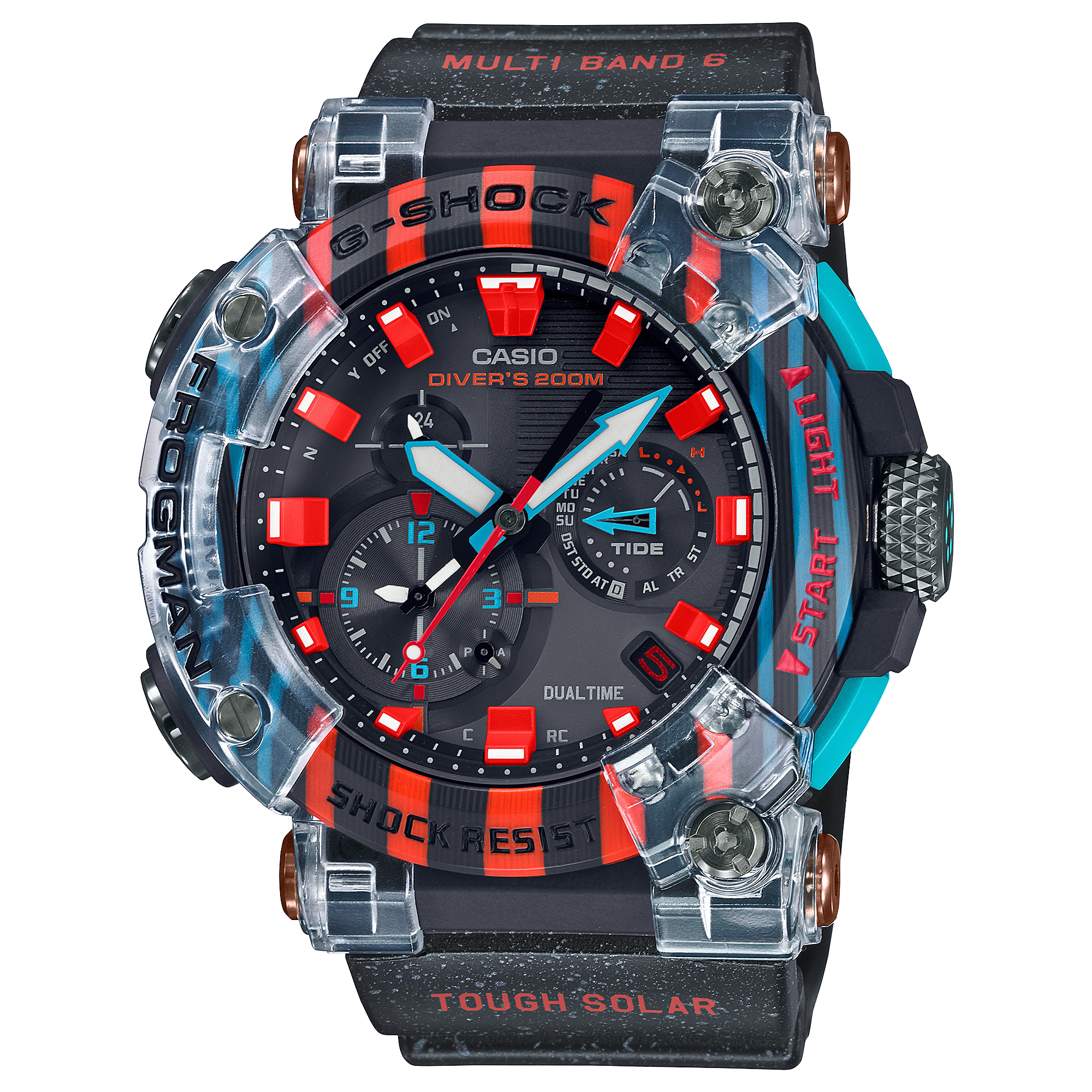 La montre de plongée G-Shock Master of G Frogman GWF-A1000APF-1A dans les couleurs contrastées noir, bleu et rouge