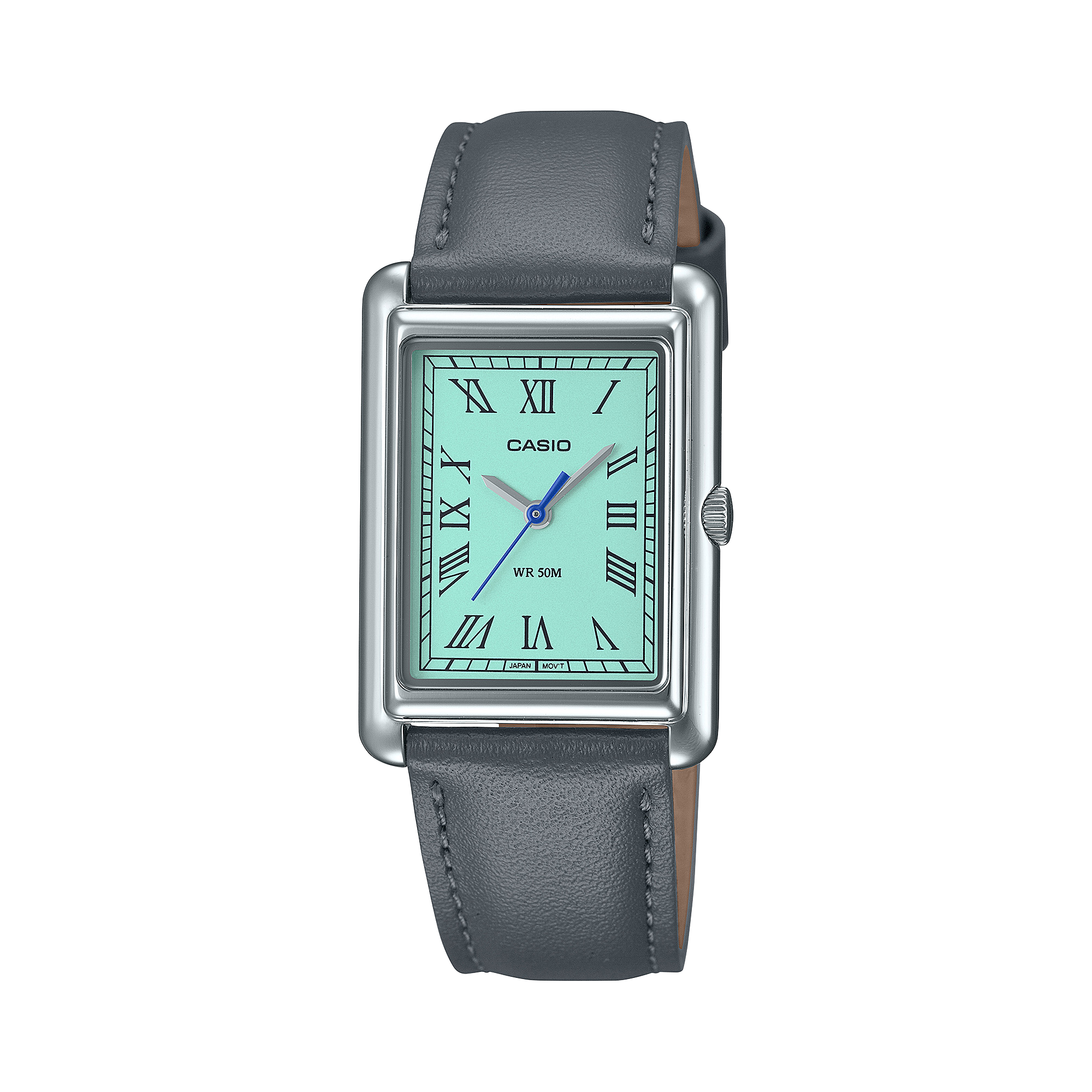 La montre analogique pour femme LTP-B165L-2BV avec cadran turquoise et bracelet en cuir gris