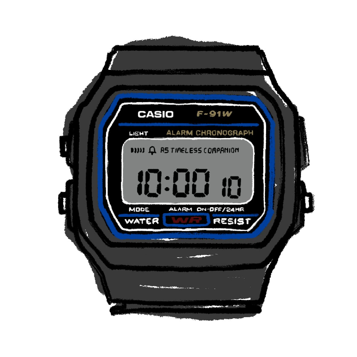 A man in front of a high-rise wearing a black leather jacket, a white shirt and the silver-coloured AE-1200WHD-1A from CASIO, looking through the lens of an SLR camera