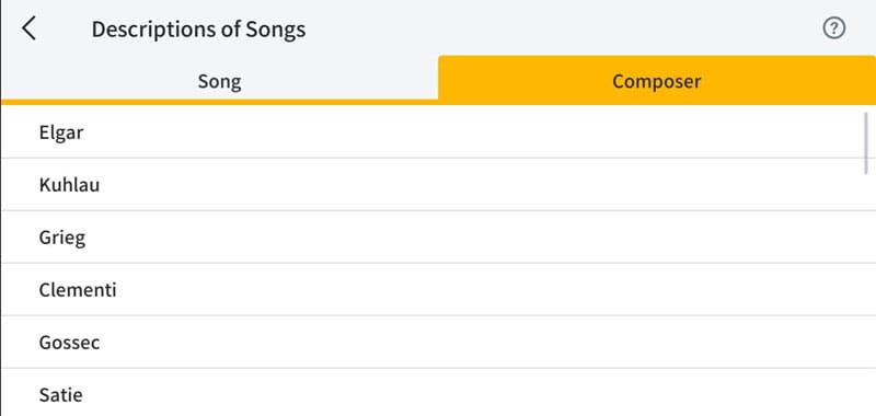 Screen image showing the list of songs to see the description